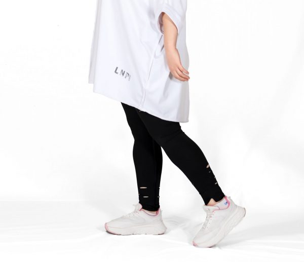 Black Leggings With Elastic Waist, Printed, Sporty Outer Seams, Laser Cut Ankle-Slits - Image 3