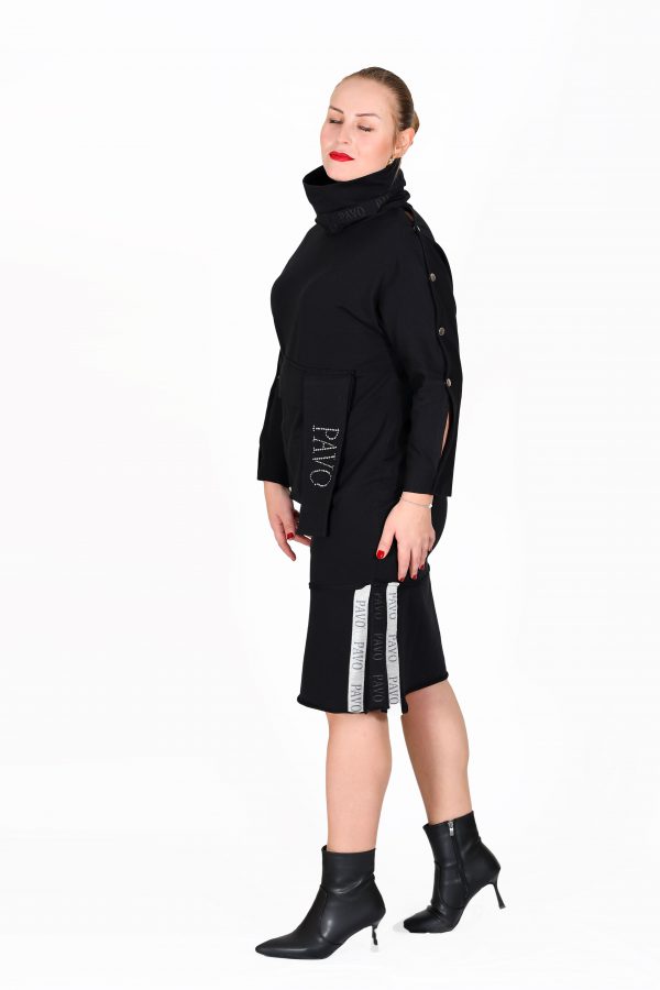Black Long Dress with Draped Collar and Brand Stripe Detail, Snap Sleeves, Big Pockets on the Front, Stripe Detail on the Hem, Shiny Stone Brand Printed - Image 2
