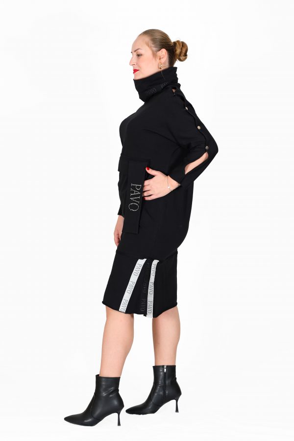 Black Long Dress with Draped Collar and Brand Stripe Detail, Snap Sleeves, Big Pockets on the Front, Stripe Detail on the Hem, Shiny Stone Brand Printed - Image 5