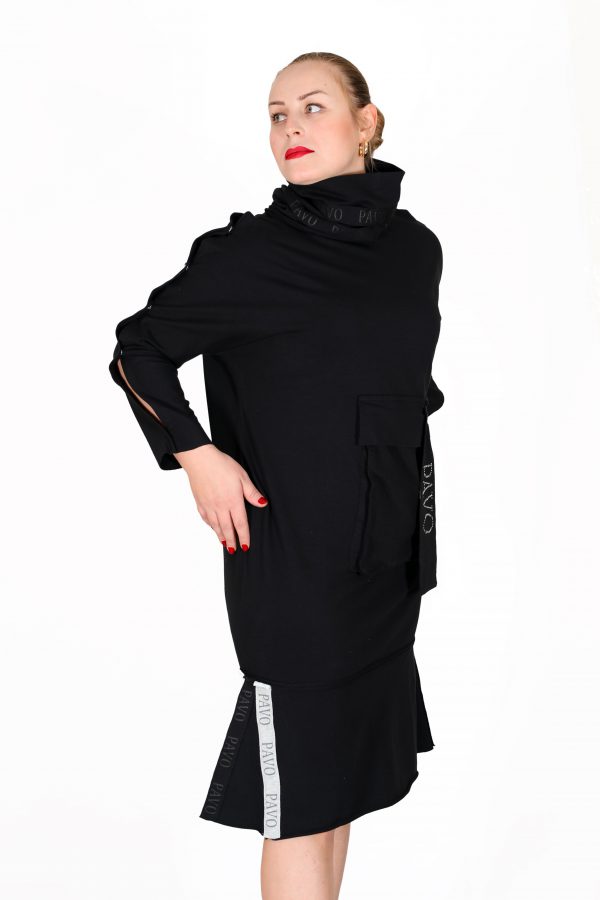 Black Long Dress with Draped Collar and Brand Stripe Detail, Snap Sleeves, Big Pockets on the Front, Stripe Detail on the Hem, Shiny Stone Brand Printed