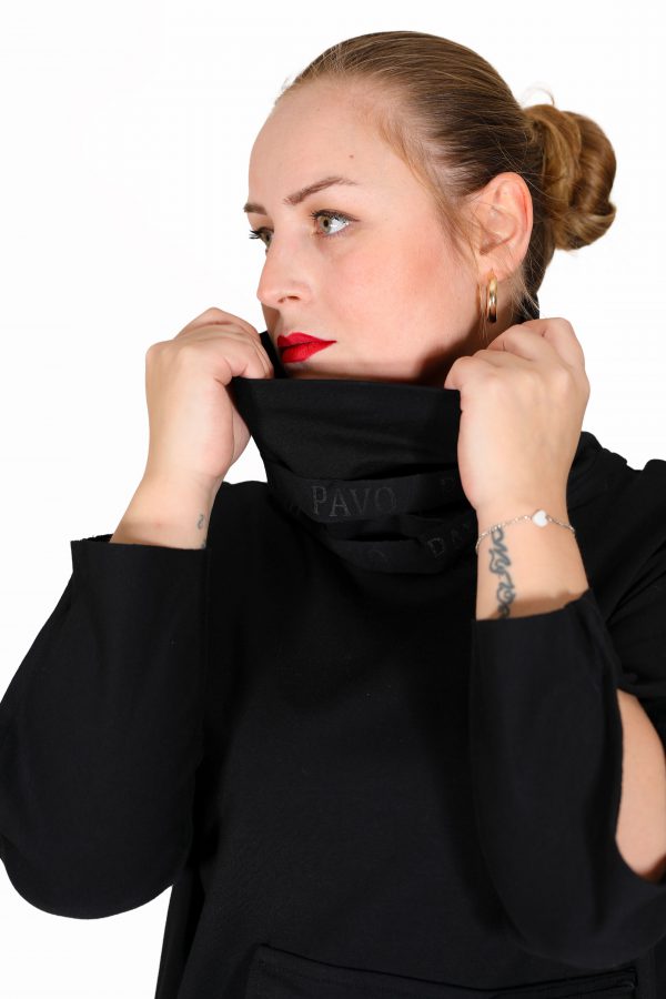 Black Long Dress with Draped Collar and Brand Stripe Detail, Snap Sleeves, Big Pockets on the Front, Stripe Detail on the Hem, Shiny Stone Brand Printed - Image 3