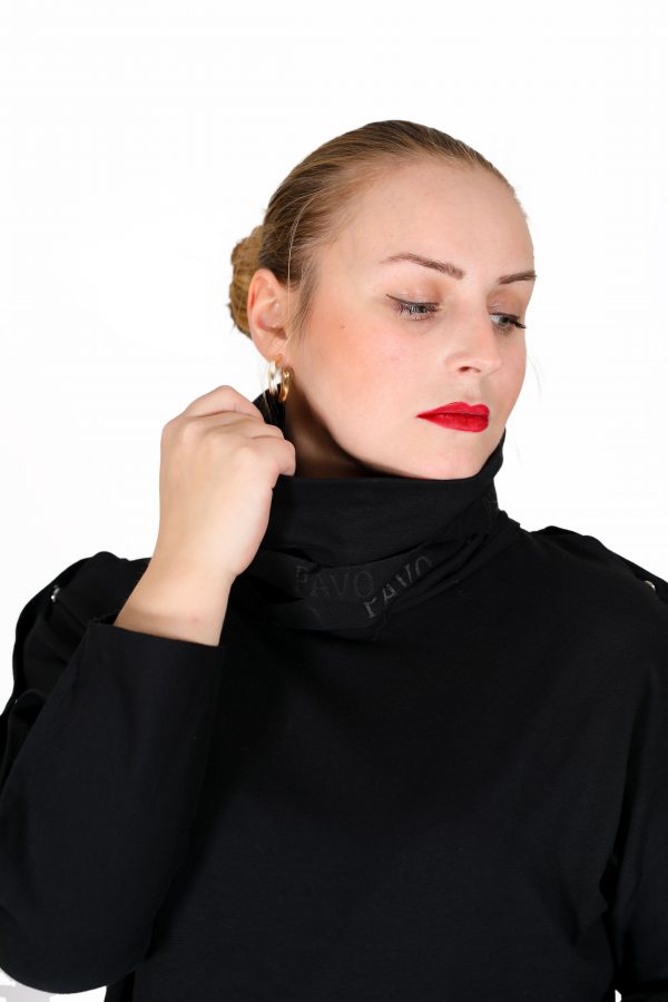 Black Long Dress with Draped Collar and Brand Stripe Detail, Snap Sleeves, Big Pockets on the Front, Stripe Detail on the Hem, Shiny Stone Brand Printed - Image 4