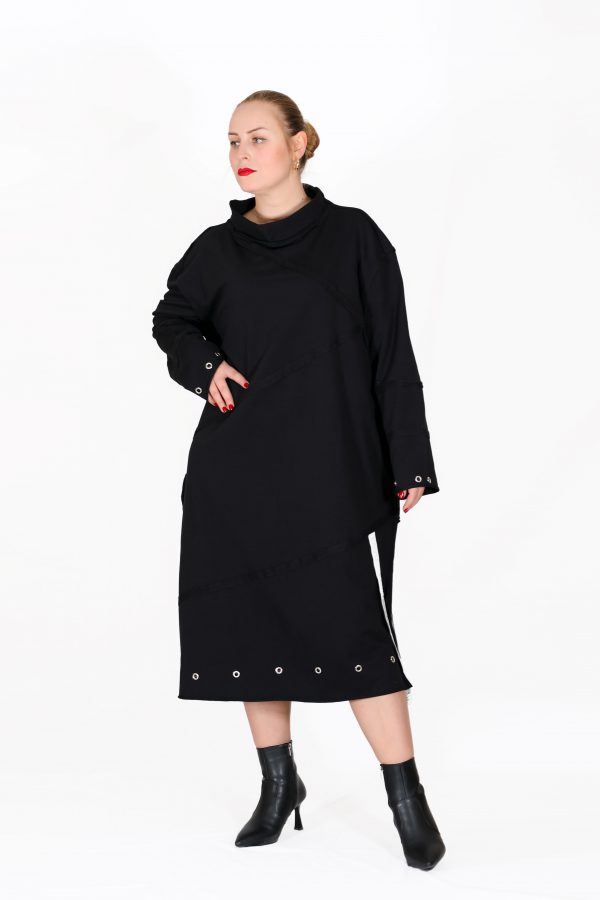 Black Casual Dress with Stand-up Wide Collar, Metal Ring and Stripe Detail
