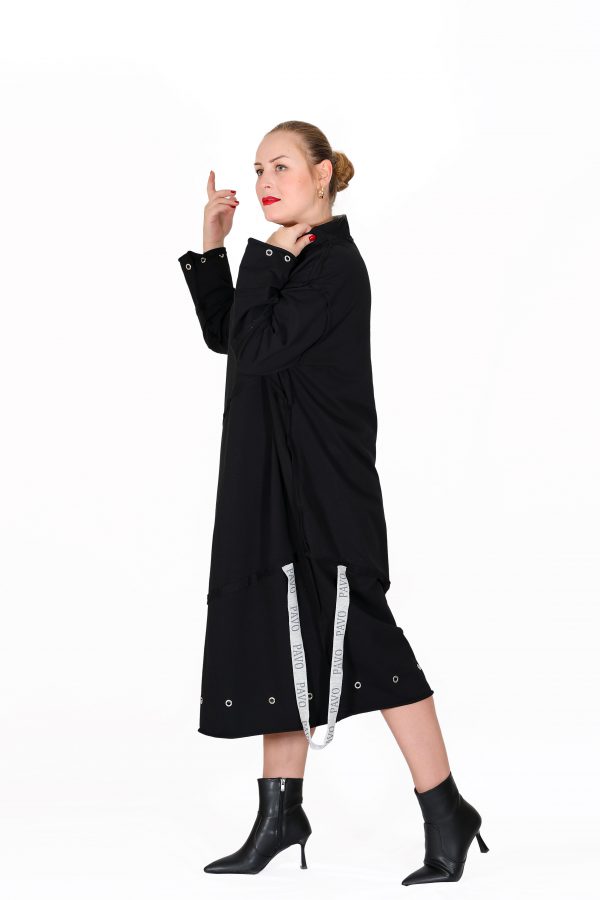 Black Casual Dress with Stand-up Wide Collar, Metal Ring and Stripe Detail - Image 2