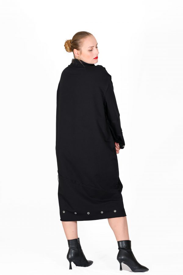 Black Casual Dress with Stand-up Wide Collar, Metal Ring and Stripe Detail - Image 3