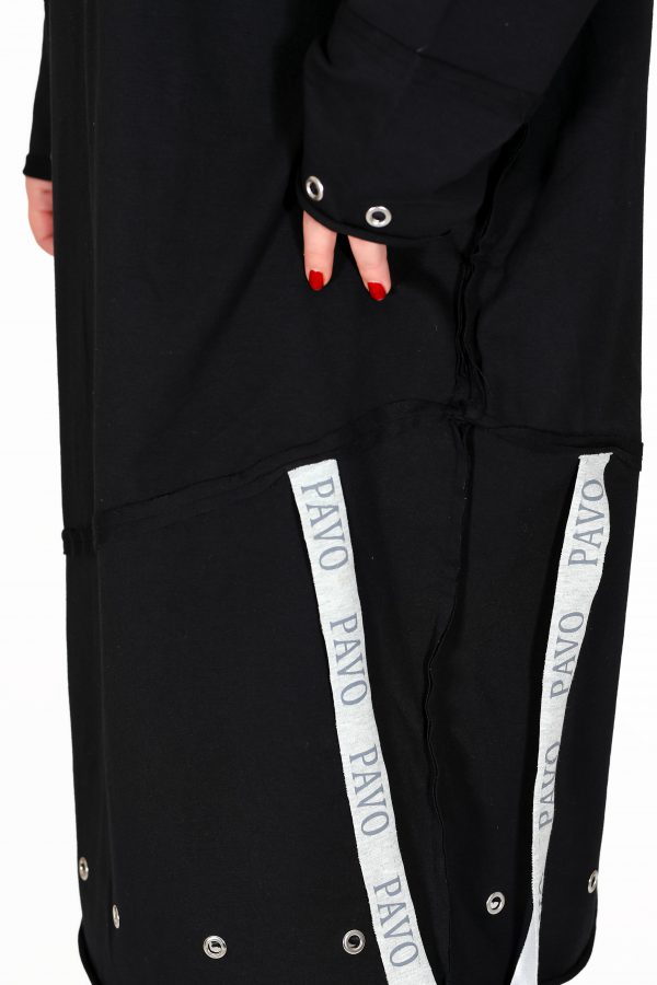 Black Casual Dress with Stand-up Wide Collar, Metal Ring and Stripe Detail - Image 4