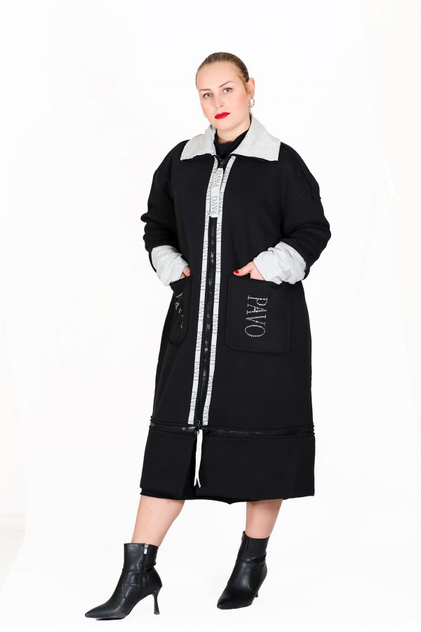 Thick Black Jacket Cardigan with Double Collar, Shiny Stone Brand Printed, Pockets