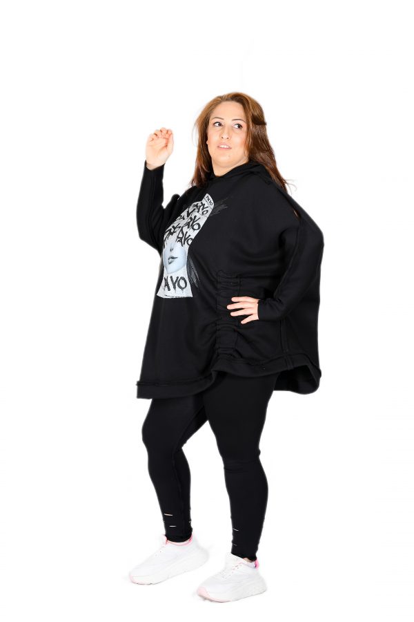 Oversized Black Sweatshirt with Fleece Inside, Shiny Stone Printed Front and Hooded