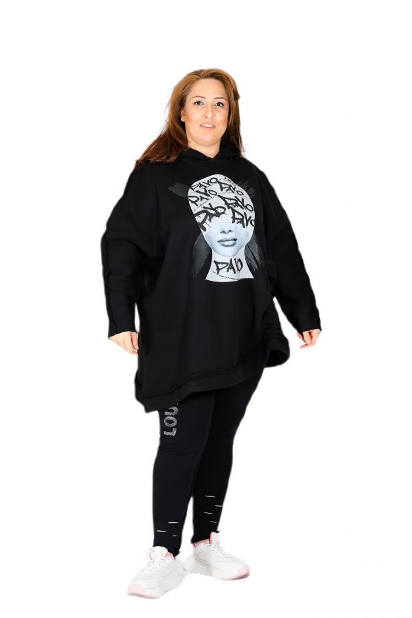 Oversized Black Sweatshirt with Fleece Inside, Shiny Stone Printed Front and Hooded - Image 3