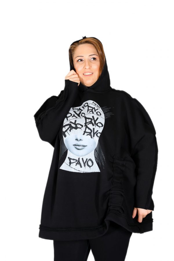Oversized Black Sweatshirt with Fleece Inside, Shiny Stone Printed Front and Hooded - Image 5