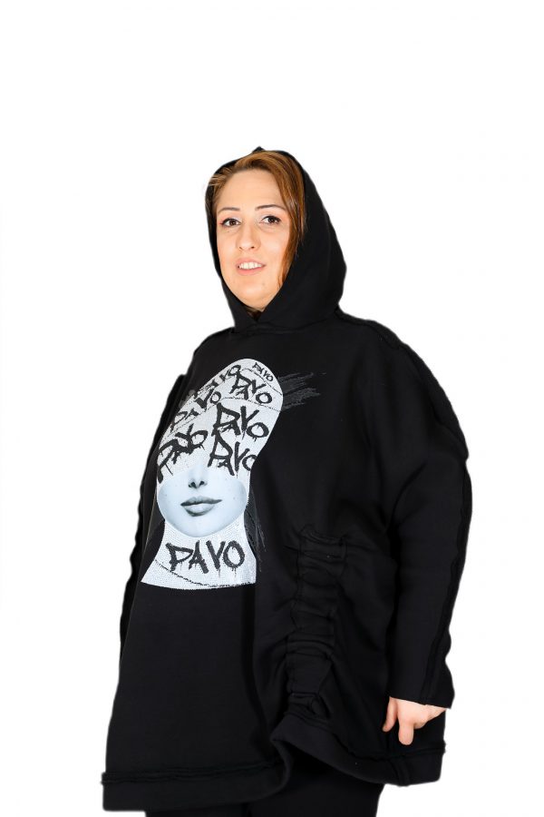 Oversized Black Sweatshirt with Fleece Inside, Shiny Stone Printed Front and Hooded - Image 2