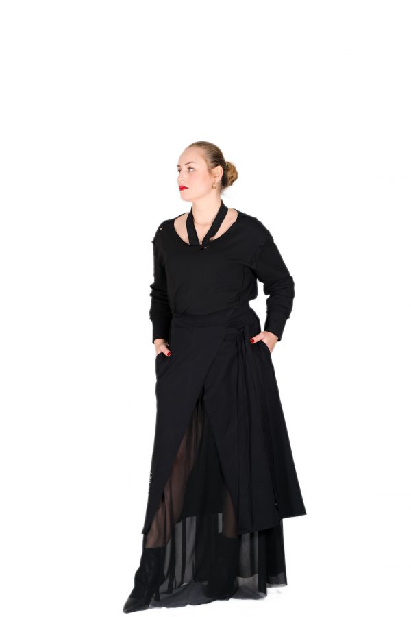 Comfortable Black Skirt with Inside Tulle Detail, Shiny Stone Brand Printed, Flamboyant