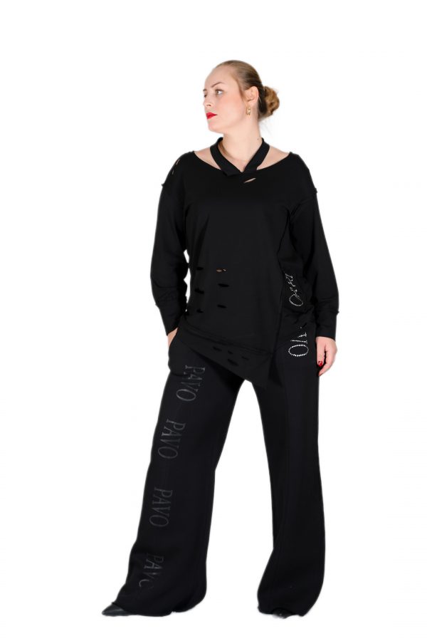 Wide Leg Black Sweatpants with Brand Printed and Shiny Stoned Printed