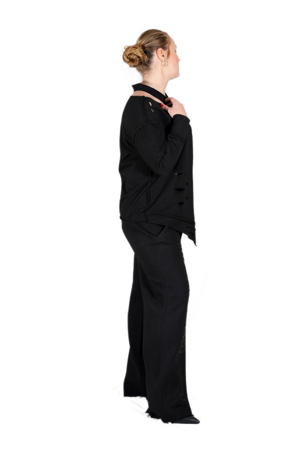 Wide Leg Black Sweatpants with Brand Printed and Shiny Stoned Printed - Image 2