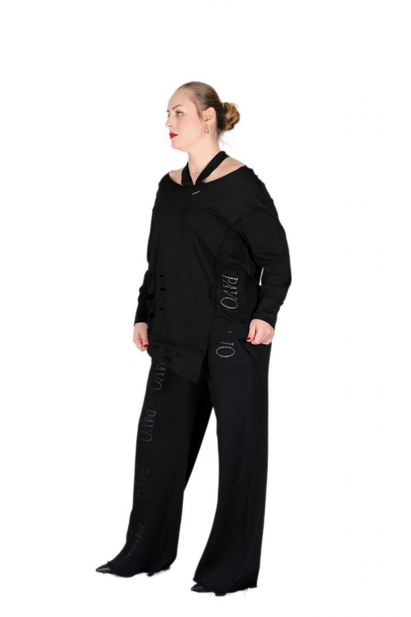 Wide Leg Black Sweatpants with Brand Printed and Shiny Stoned Printed - Image 4
