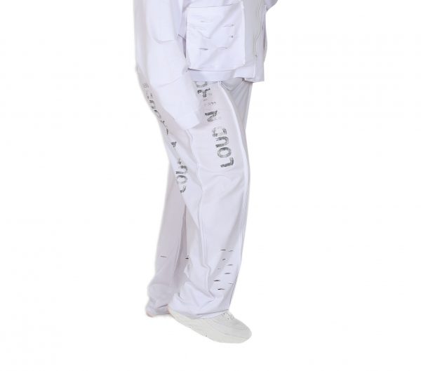 White Shabby Pants with Elastic Waist, Pockets, Laser Cut Details on the Cuffs - Image 2