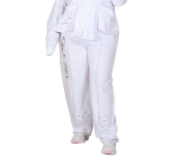 White Shabby Pants with Elastic Waist, Pockets, Laser Cut Details on the Cuffs