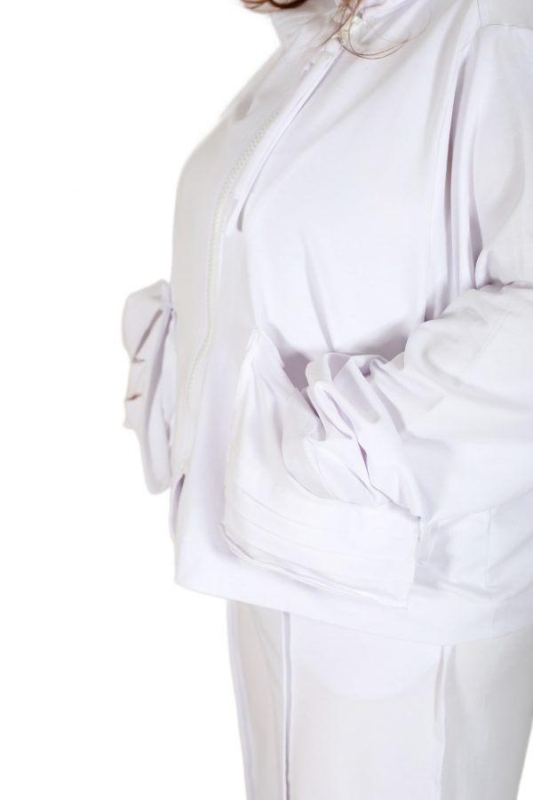 Hooded, Zippered, Pouch Pocket, Long Sleeve White Shabby Sweat Cardigan - Image 3