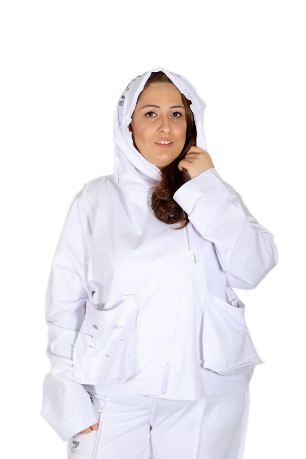 Hooded, Zippered, Pouch Pocket, Long Sleeve White Shabby Sweat Cardigan