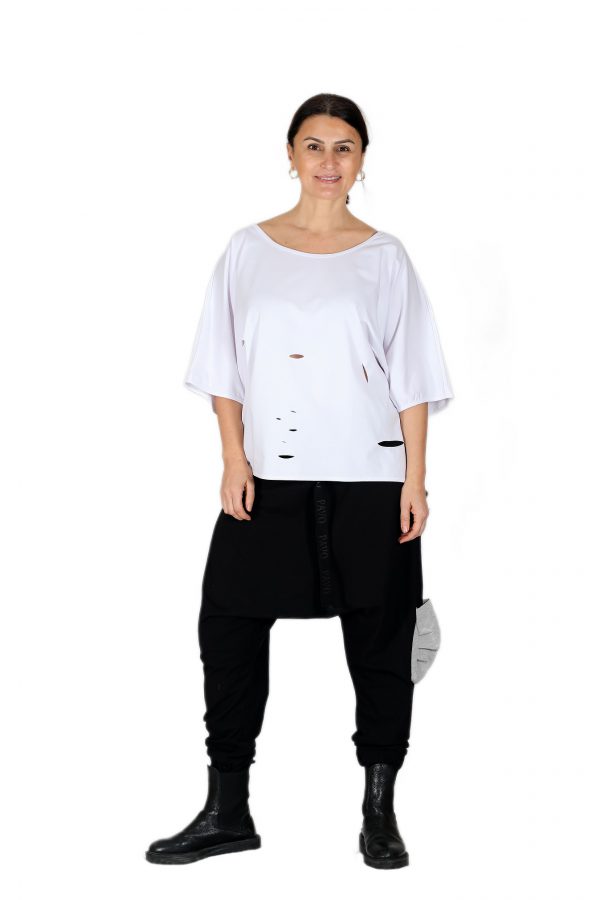 Oversize White T-Shirt with Wide Collar, Laser Cut and Slits, String Detail