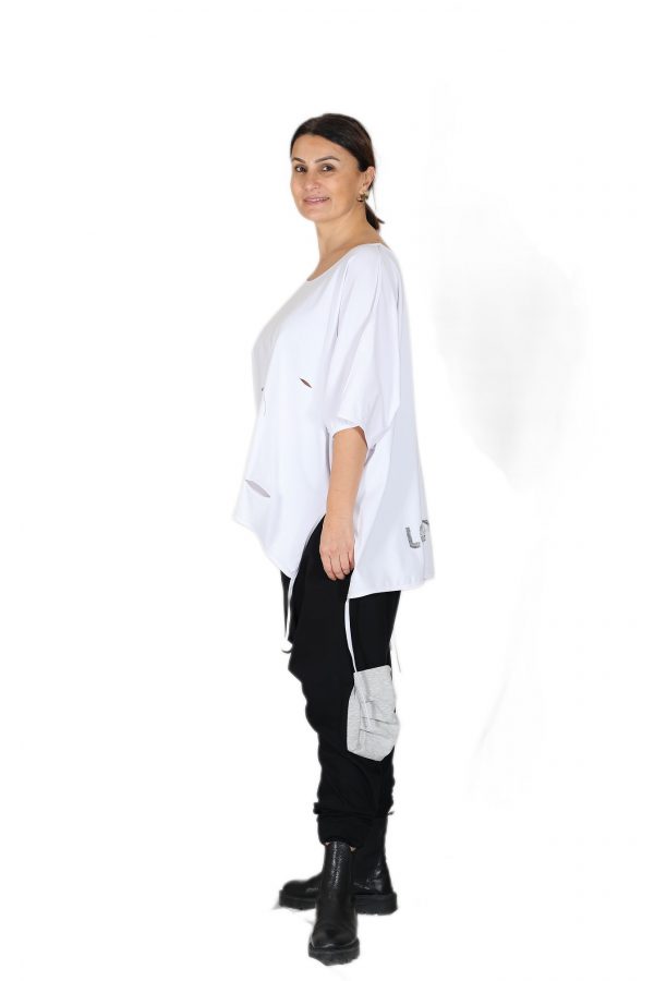 Oversize White T-Shirt with Wide Collar, Laser Cut and Slits, String Detail - Image 6