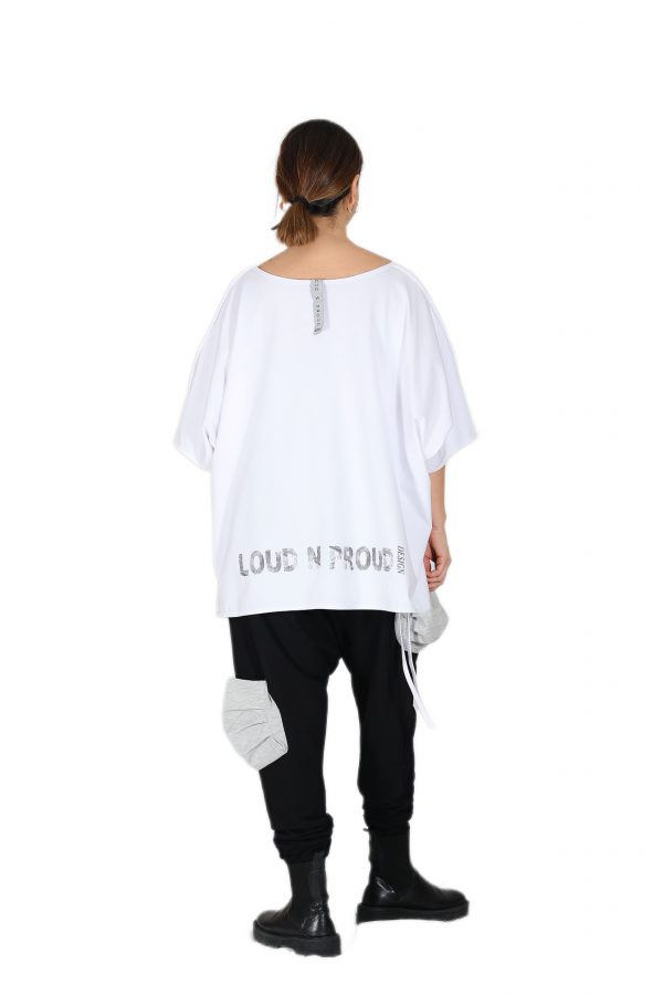 Oversize White T-Shirt with Wide Collar, Laser Cut and Slits, String Detail - Image 7