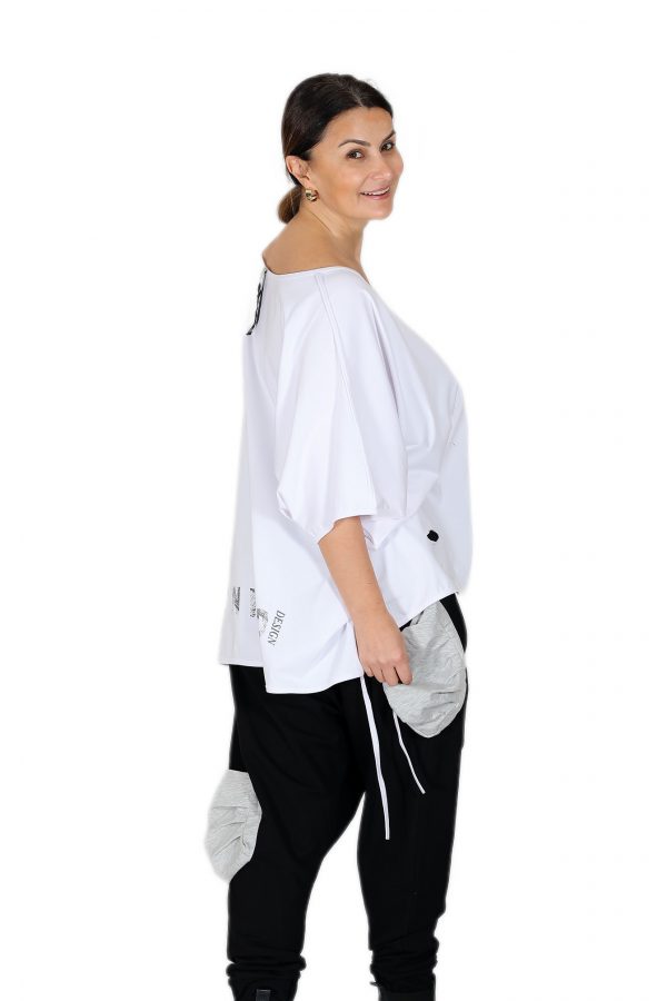 Oversize White T-Shirt with Wide Collar, Laser Cut and Slits, String Detail - Image 5