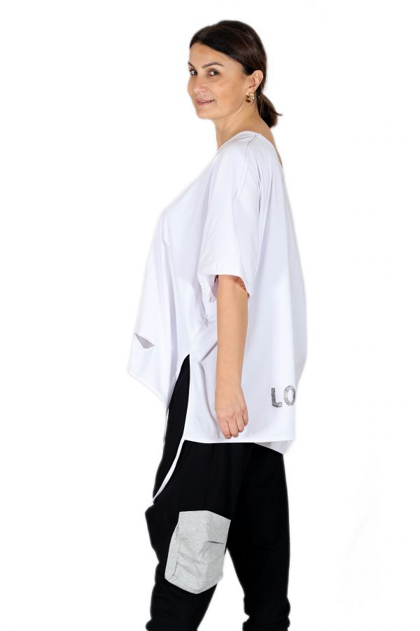 Oversize White T-Shirt with Wide Collar, Laser Cut and Slits, String Detail - Image 2
