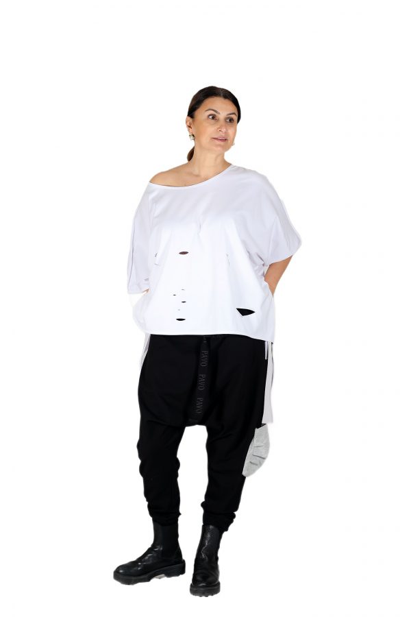 Oversize White T-Shirt with Wide Collar, Laser Cut and Slits, String Detail - Image 3