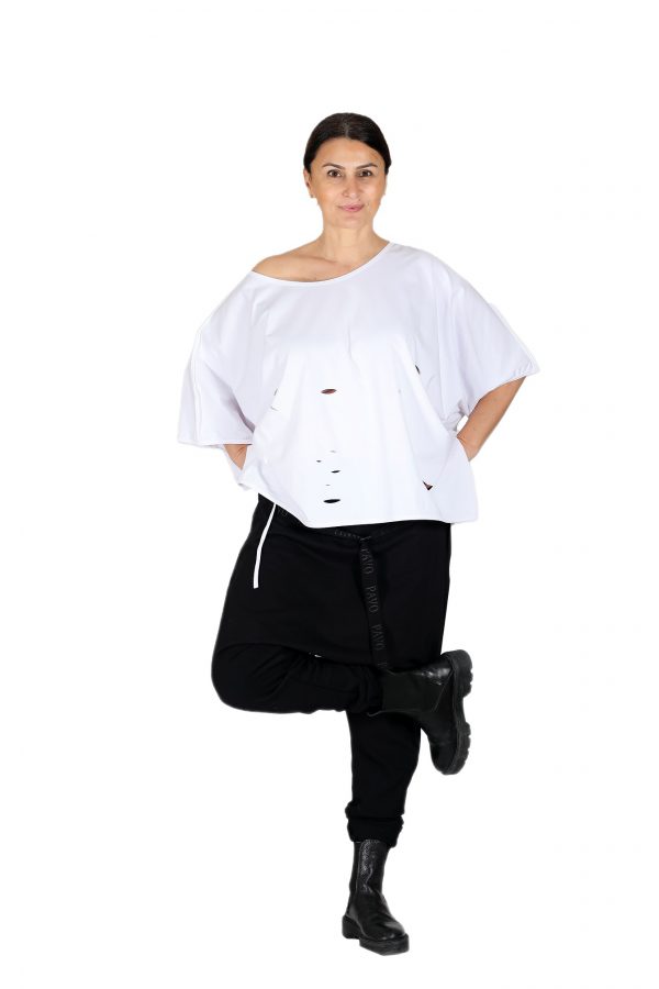 Oversize White T-Shirt with Wide Collar, Laser Cut and Slits, String Detail - Image 4