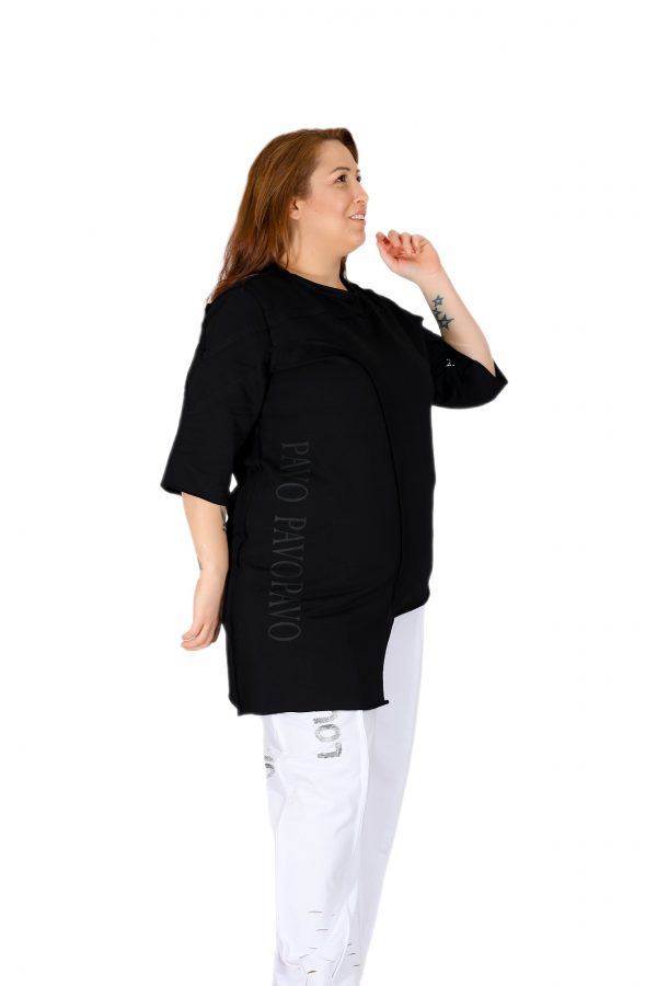 Short Sleeve Asymmetric Black T-Shirt with Cold Brand Printed and Shiny Stone Printed