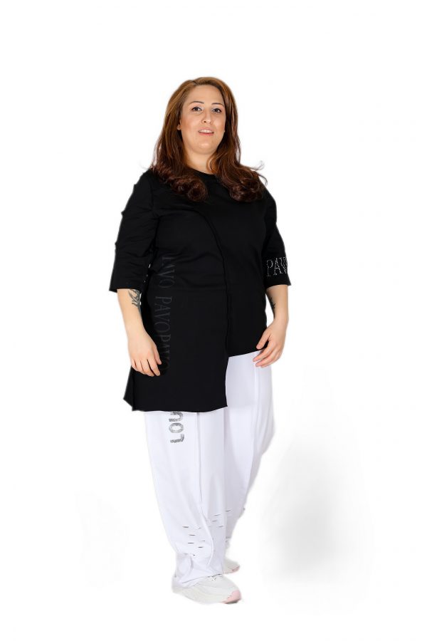 Short Sleeve Asymmetric Black T-Shirt with Cold Brand Printed and Shiny Stone Printed - Image 5