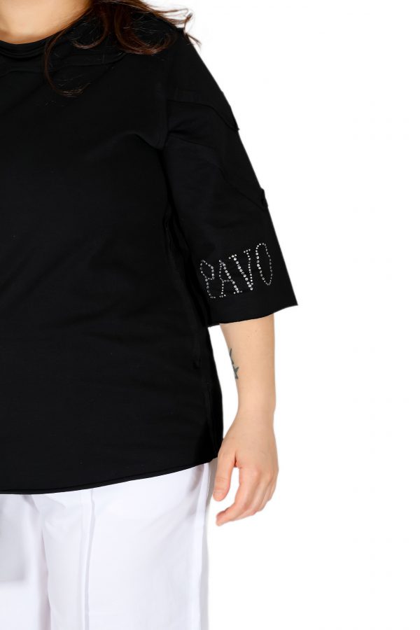 Short Sleeve Asymmetric Black T-Shirt with Cold Brand Printed and Shiny Stone Printed - Image 6