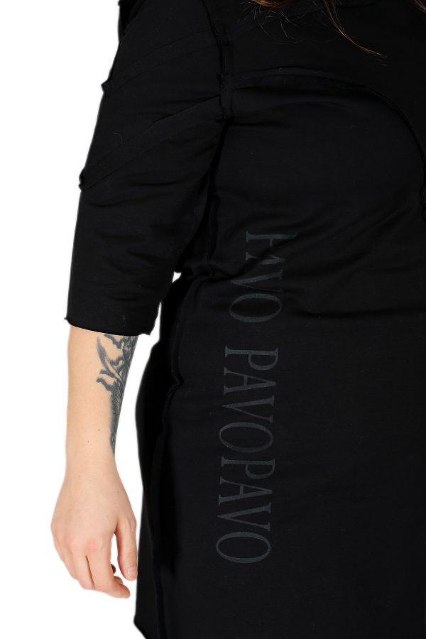 Short Sleeve Asymmetric Black T-Shirt with Cold Brand Printed and Shiny Stone Printed - Image 2