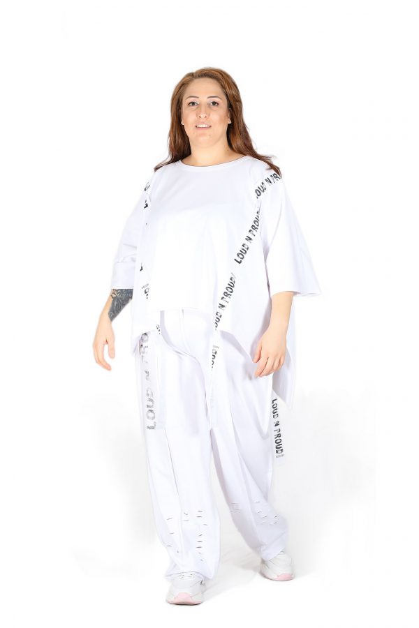 White Oversize T-Shirt with Wide Collar, Brand Stripe Detail, Long Back, Slits on the Side