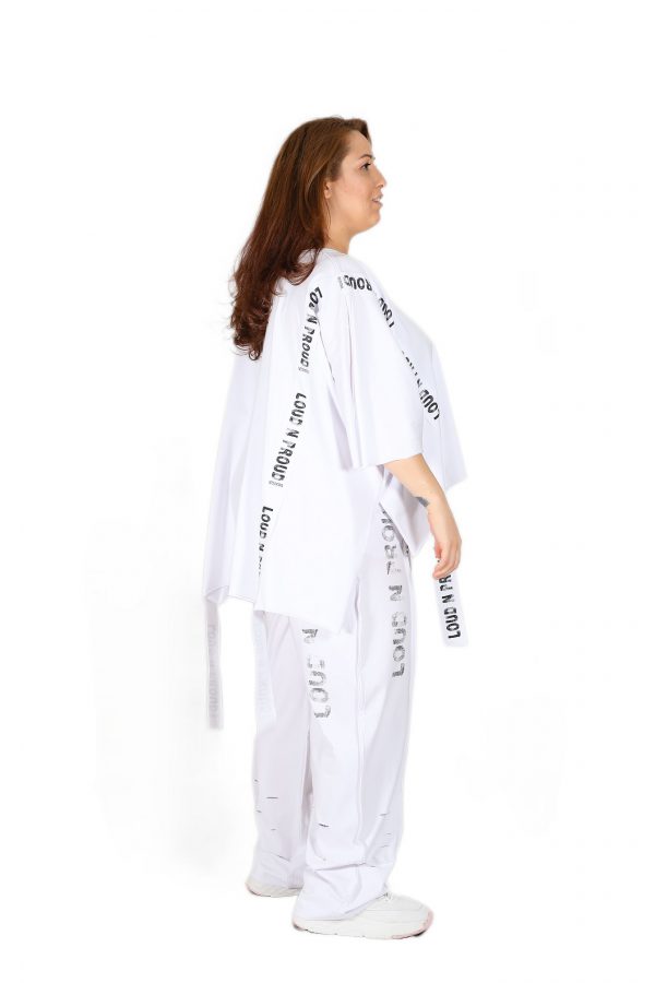 White Oversize T-Shirt with Wide Collar, Brand Stripe Detail, Long Back, Slits on the Side - Image 3