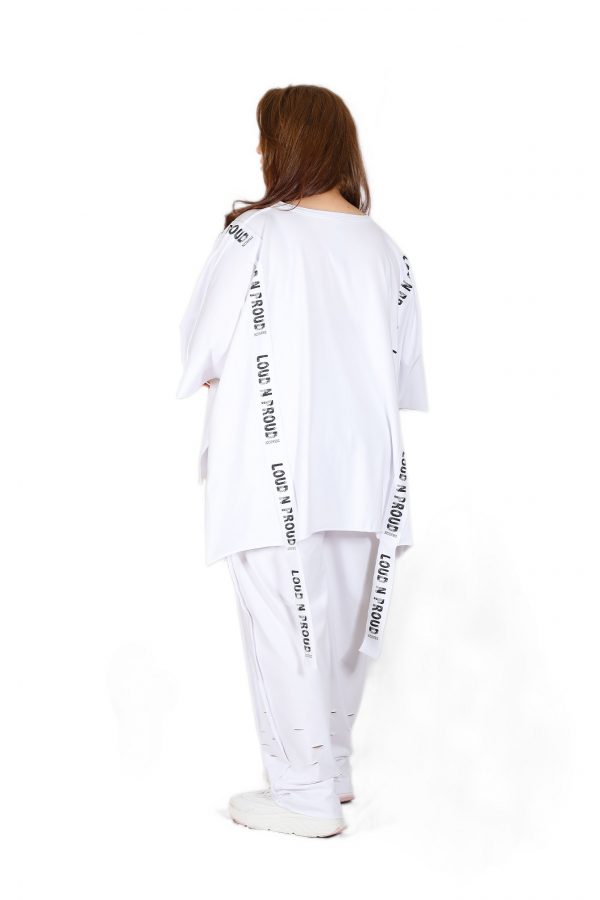 White Oversize T-Shirt with Wide Collar, Brand Stripe Detail, Long Back, Slits on the Side - Image 4