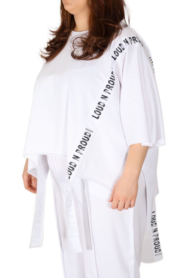 White Oversize T-Shirt with Wide Collar, Brand Stripe Detail, Long Back, Slits on the Side - Image 5