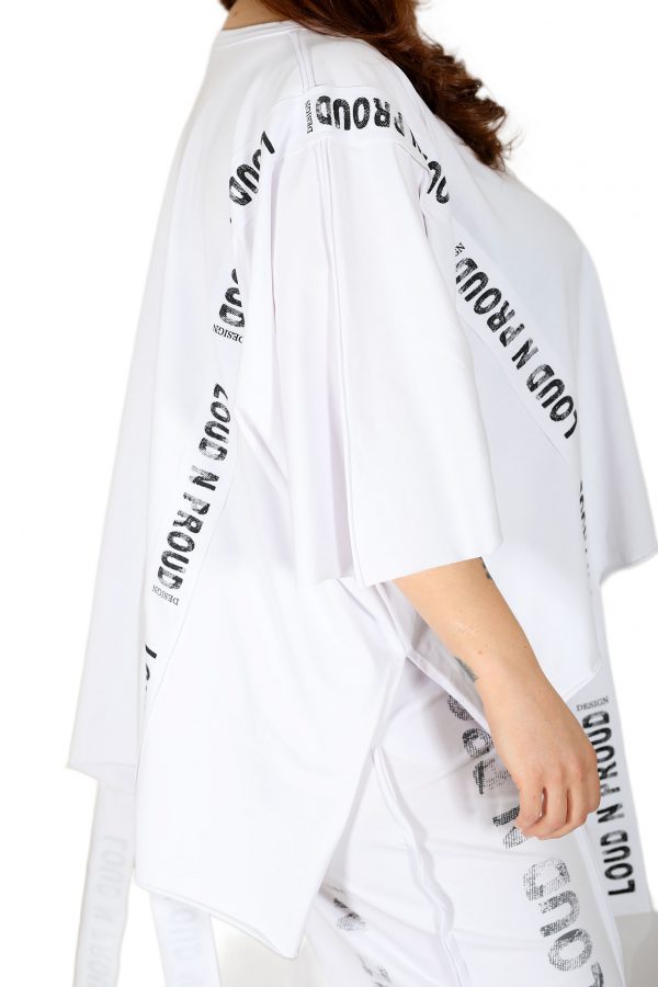 White Oversize T-Shirt with Wide Collar, Brand Stripe Detail, Long Back, Slits on the Side - Image 2