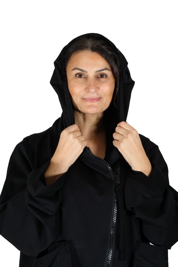 Hooded, Zippered, Pouch Pockets, Long Sleeve, Black Shabby Sweat Cardigan - Image 2