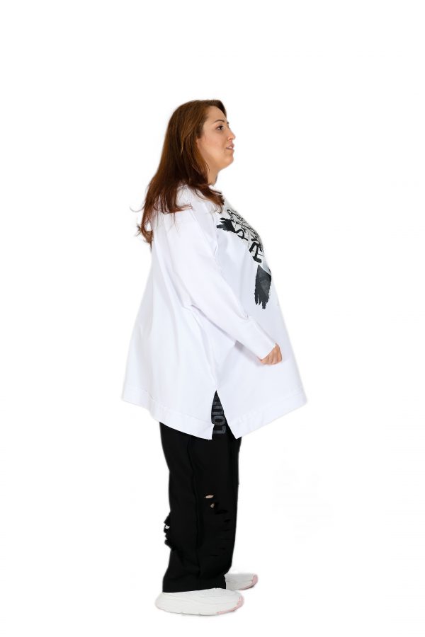 Oversize White Sweatshirt with Hood and Shiny Stone Printed of the Front - Image 3