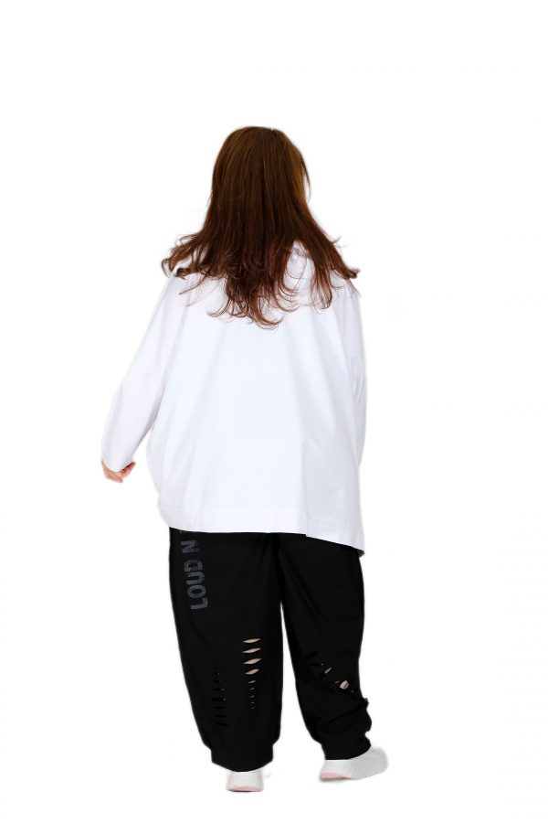 Oversize White Sweatshirt with Hood and Shiny Stone Printed of the Front - Image 4