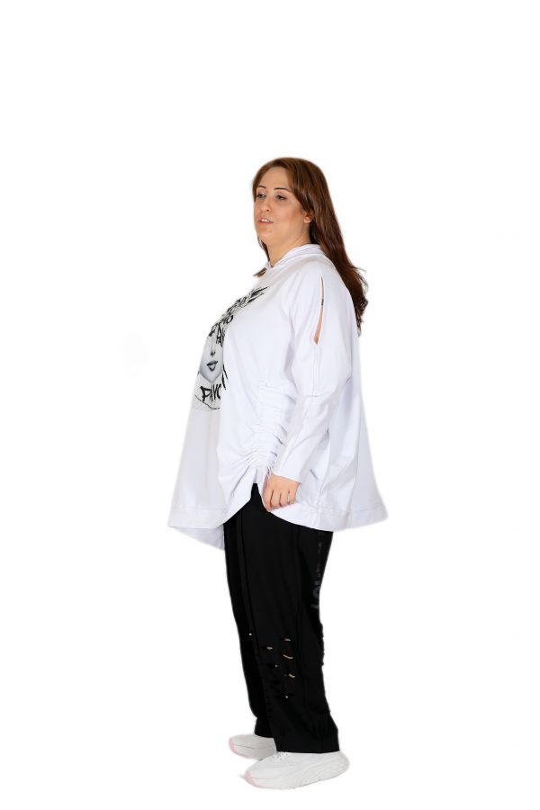 Oversize White Sweatshirt with Hood and Shiny Stone Printed of the Front - Image 5