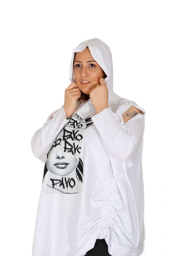 Oversize White Sweatshirt with Hood and Shiny Stone Printed of the Front - Image 6