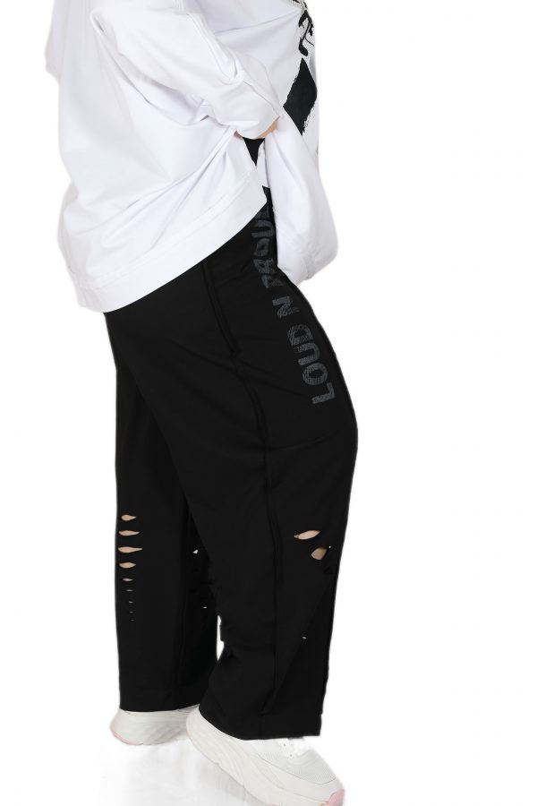 Black Shabby Pants with Elastic Waist, Pockets, Laser Cut Details on the Cuffs - Image 2