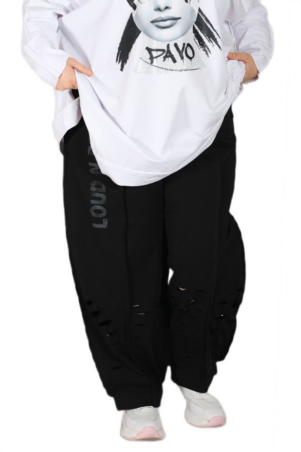 Black Shabby Pants with Elastic Waist, Pockets, Laser Cut Details on the Cuffs