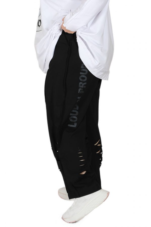 Black Shabby Pants with Elastic Waist, Pockets, Laser Cut Details on the Cuffs - Image 3