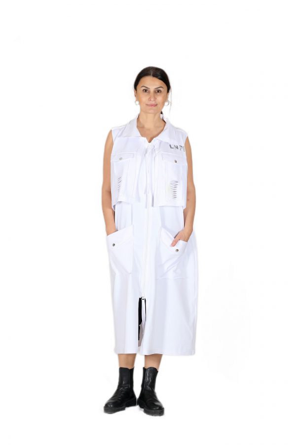 White Maxi Vest with Double Side Zipper, Printed, Laser Cut, Double Layer