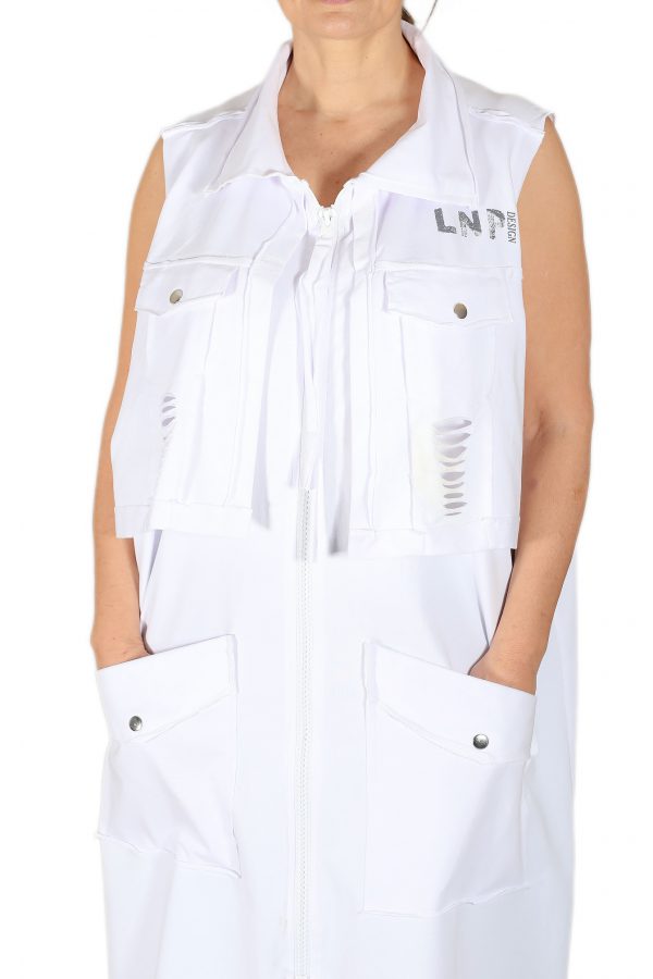 White Maxi Vest with Double Side Zipper, Printed, Laser Cut, Double Layer - Image 2