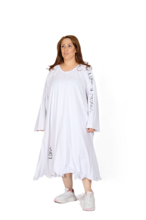 Shabby White Dress with Wide Collar, Long Sleeves, Printed, Pockets and Wire Skirt Hem